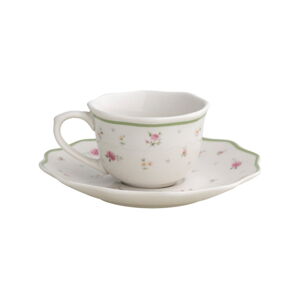 Súprava 2 bielych porcelánových šálok s tanierikmi Brandani Nonna Rosa, 90 ml