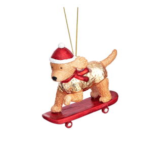 Sklenená ručne vyrobená vianočná ozdoba 4 cm Skateboarding Cockapoo – Sass & Belle